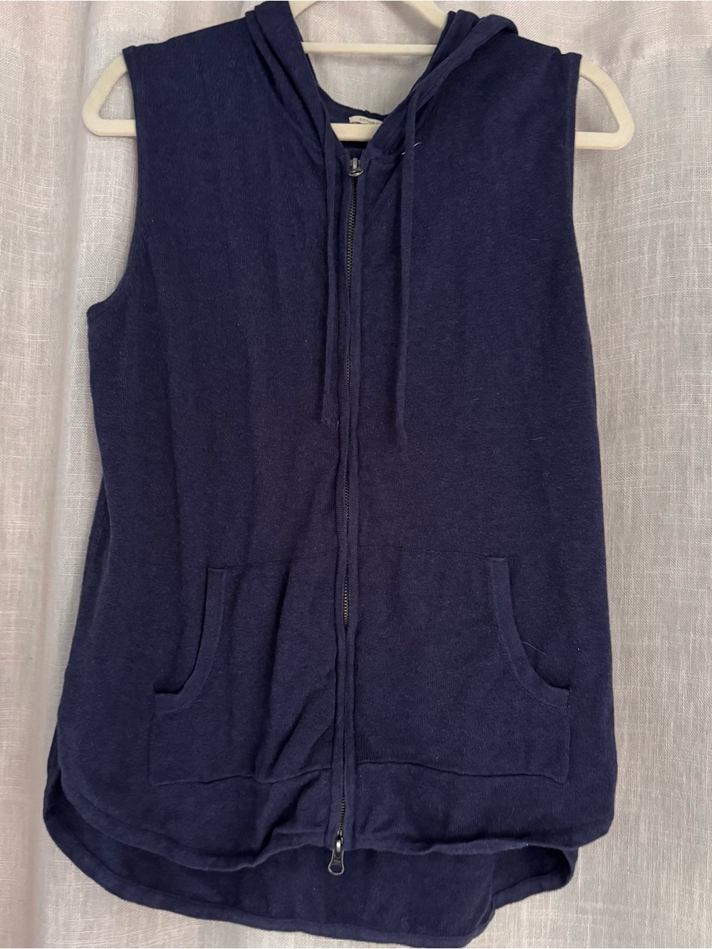 Navy blue sleeveless hooded zip up 100% cotton